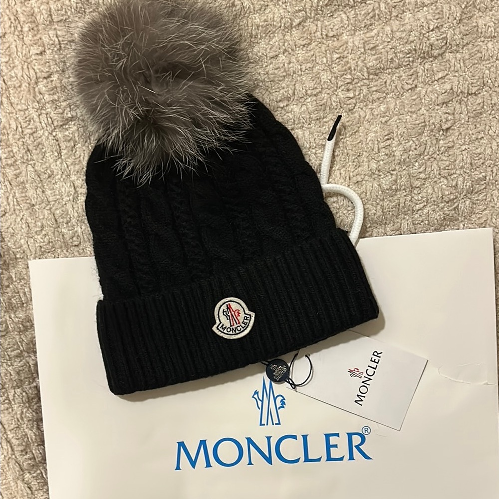 Moncler Black Knit Beanie with Rabbit Fur Pom